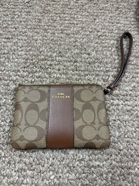 Coach Brown Signature Canvas Wristlet with Leather Stripe